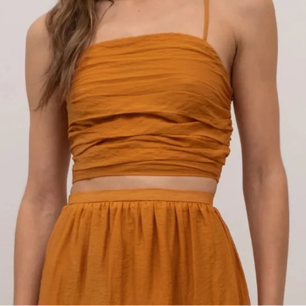 Moon River Saffron Ruched Crop Top